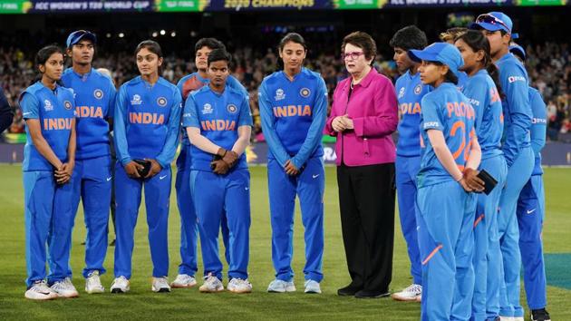 Tennis legend Billie-Jean King is seen with Indian players after their defeat during the Women's T20 World Cup final cricket match between Australia and India at the MCG in Melbourne. (REUTERS) Tennis legend Billie-Jean King is seen with Indian players after their defeat during the Women's T20 World Cup final cricket match between Australia and India at the MCG in Melbourne. (REUTERS)