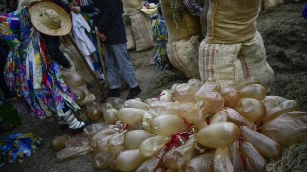 Inflated animal bladder used to hit people in the traditional carnival characters "Zaku Zaharrak." These traditions were banned during the 1939-1975 dictatorship of Gen. Francisco Franco, but since being revived in the early 1990s they have thrived and attract many visitors. (Alvaro Barrientos / AP) Inflated animal bladder used to hit people in the traditional carnival characters "Zaku Zaharrak." These traditions were banned during the 1939-1975 dictatorship of Gen. Francisco Franco, but since being revived in the early 1990s they have thrived and attract many visitors. (Alvaro Barrientos / AP)