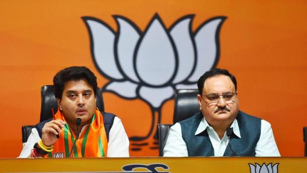 Jyotiraditya Scindia addresses the media after joining BJP in presence of party chief JP Nadda on Wednesday.(Arvind Yadav/HT Photo)