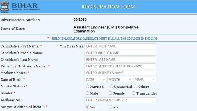 BPSC Assistant Engineer registration. (screengrab) BPSC Assistant Engineer registration. (screengrab)