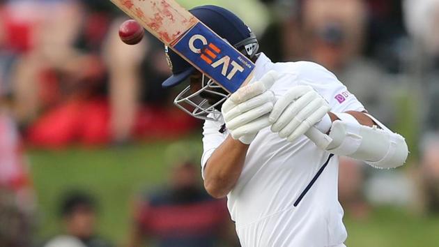 India's Ajinkya Rahane is hit on his helmet.(REUTERS)