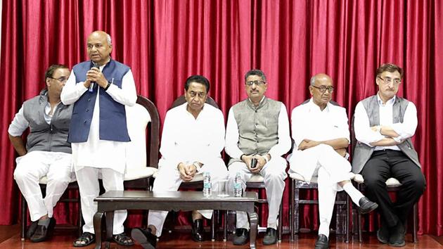 Madhya Pradesh Minister for Parliamentary Affairs Govind Singh addresses Congress legislature party meeting at chief minister Kamal Nath’s residence in Bhopal on Tuesday, March 10, 2020. Senior Congress leader Digvijay Singh was also present on the occasion. (PTI) Madhya Pradesh Minister for Parliamentary Affairs Govind Singh addresses Congress legislature party meeting at chief minister Kamal Nath’s residence in Bhopal on Tuesday, March 10, 2020. Senior Congress leader Digvijay Singh was also present on the occasion. (PTI)