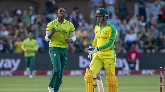 South Africa's bowler Lungi Ngidi, left, celebrates after bowling Australia's batsman Alex Carey.(AP)