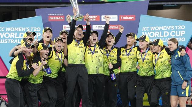 Melbourne: Australian players celebrate their win over India in the Women's T20 World Cup cricket final match in Melbourne, Sunday, March 8, 2020. AP/PTI(AP08-03-2020_000141A)(AP) Melbourne: Australian players celebrate their win over India in the Women's T20 World Cup cricket final match in Melbourne, Sunday, March 8, 2020. AP/PTI(AP08-03-2020_000141A)(AP)