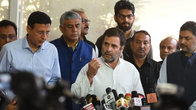 Congress leader Rahul Gandhi addresses a news conference on the Indian economy at Parliament House in New Delhi on Thursday.(MOHD ZAKIR/HT PHOTO.)