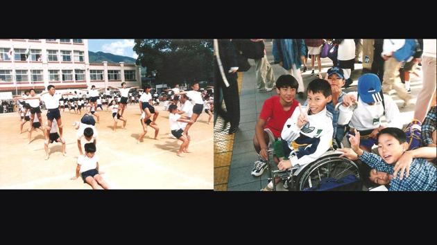Kambara participates in an event for sports day at his elementary school in Kobe, Japan, 1997 (L). Kambara poses with his friends during an elementary school trip at a station in Mie, Japan, 1996 (R). Kambara was in third grade at elementary school, when his mother told him he would never walk. “It was a huge shock and I remember crying,” he said. “But that was the trigger to think about how to confront my disability and find different ways to achieve my goals.” (Kenta Kambara / Handout via REUTERS ) Kambara participates in an event for sports day at his elementary school in Kobe, Japan, 1997 (L). Kambara poses with his friends during an elementary school trip at a station in Mie, Japan, 1996 (R). Kambara was in third grade at elementary school, when his mother told him he would never walk. “It was a huge shock and I remember crying,” he said. “But that was the trigger to think about how to confront my disability and find different ways to achieve my goals.” (Kenta Kambara / Handout via REUTERS )
