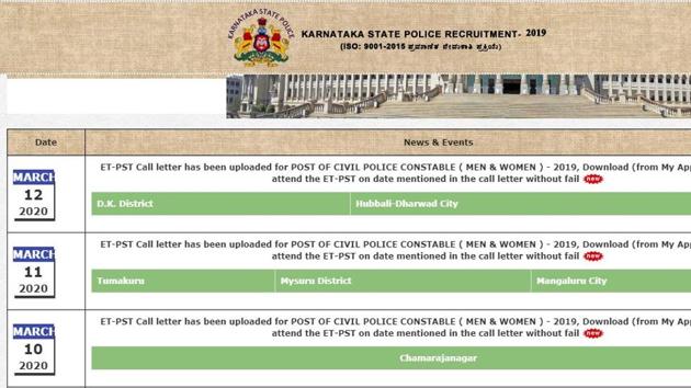 Karnataka State Police (KSP) recruitment board on Thursday released the admit card or hall ticket for the recruitment exam for the post of civil police constable (men and women) 2019.