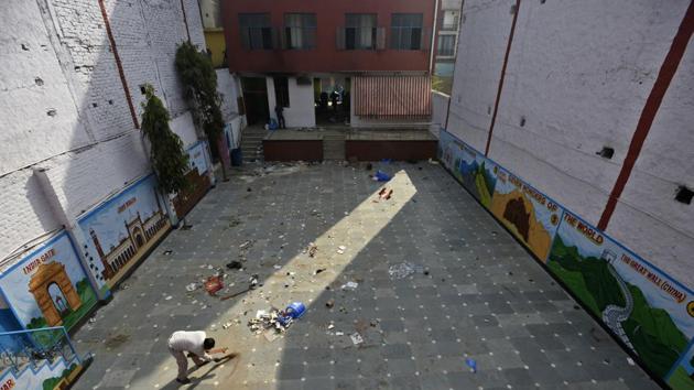 The Rajdhani Public Senior Secondary School in Shiv Vihar was damaged during last month’s violence in north-east Delhi. (Biplov Bhuyan/HT File Photo) The Rajdhani Public Senior Secondary School in Shiv Vihar was damaged during last month’s violence in north-east Delhi. (Biplov Bhuyan/HT File Photo)