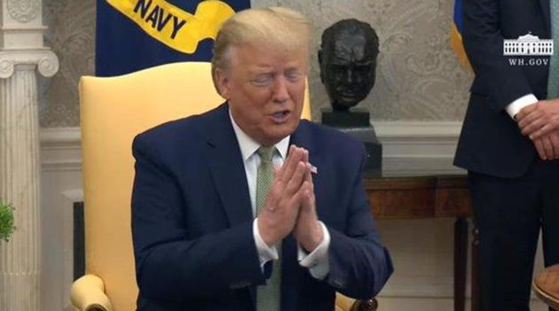 US president Donald Trump folds hands in ‘namaste’ instead of shaking hands with Irish PM Leo Varadkar amid coronavirus scare.(ANI Photo)