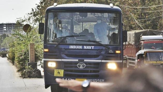 44 Indian citizens evacuated from Iran were taken by the Indian Navy to a quarantine camp in Ghatkopar, Mumbai on Friday. (SATYABRATA TRIPATHY/HT PHOTO.) 44 Indian citizens evacuated from Iran were taken by the Indian Navy to a quarantine camp in Ghatkopar, Mumbai on Friday. (SATYABRATA TRIPATHY/HT PHOTO.)
