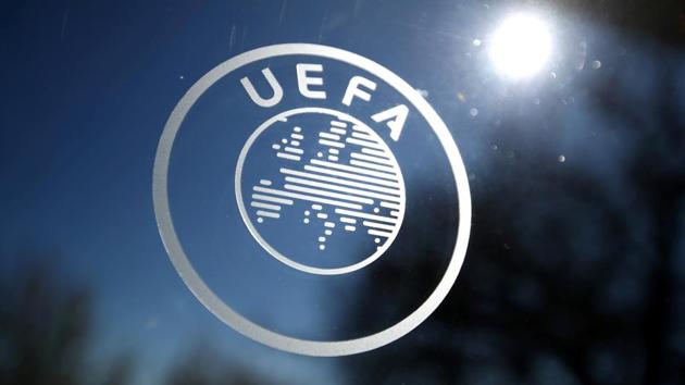 General view of the UEFA logo at UEFA Headquarters before the draw.(REUTERS)