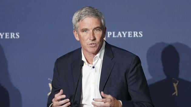 PGA Tour commissioner Jay Monahan addresses the media in a press conference about the Coronavirus pandemic during the first round of the 2020 edition of The Players Championship golf tournament at TPC Sawgrass - Stadium Course.(USA TODAY Sports) PGA Tour commissioner Jay Monahan addresses the media in a press conference about the Coronavirus pandemic during the first round of the 2020 edition of The Players Championship golf tournament at TPC Sawgrass - Stadium Course.(USA TODAY Sports)