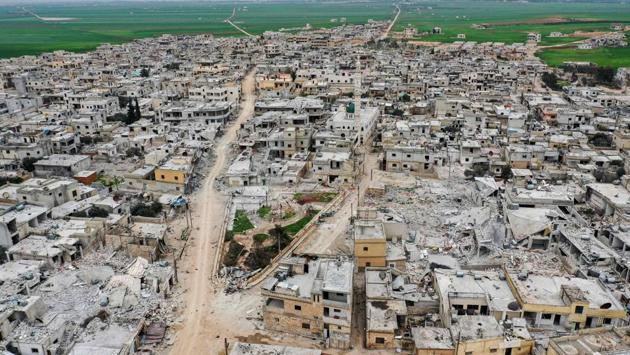 An aerial view of the town of Afis, which has sustained widespread destruction due to heavy fighting and air-strikes by pro-Syrian regime forces, in the northwestern Idlib province. (Omar HAJ KADOUR / AFP) An aerial view of the town of Afis, which has sustained widespread destruction due to heavy fighting and air-strikes by pro-Syrian regime forces, in the northwestern Idlib province. (Omar HAJ KADOUR / AFP)