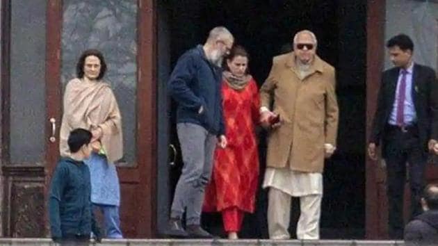 Farooq Abdullah met his son Omar Abdullah at a sub-jail in Srinagar on Saturday. (ANI photo) Farooq Abdullah met his son Omar Abdullah at a sub-jail in Srinagar on Saturday. (ANI photo)