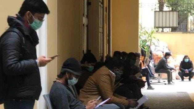 Indian medical team tested Indian students at the embass in Rome to facilitate their evacuation from coronavirus hotbed, Italy. (Twitter:@IndiainItaly) Indian medical team tested Indian students at the embass in Rome to facilitate their evacuation from coronavirus hotbed, Italy. (Twitter:@IndiainItaly)