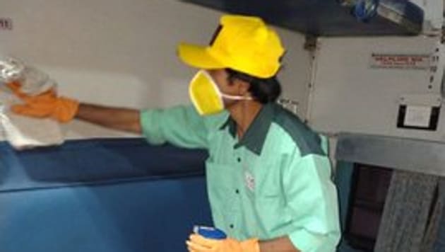 A railway worker sanitises a coach as part of precautionary measures against coronavirus. (https://twitter.com/PiyushGoyal) A railway worker sanitises a coach as part of precautionary measures against coronavirus. (https://twitter.com/PiyushGoyal)
