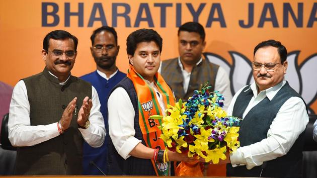 Former Congress leader Jyotiraditya Scindia joins the Bharatiya Janata Party in the presence of party president JP Nadda at BJP headquarters, in New Delhi on Thursday. (Raj K Raj / HT Photo) Former Congress leader Jyotiraditya Scindia joins the Bharatiya Janata Party in the presence of party president JP Nadda at BJP headquarters, in New Delhi on Thursday. (Raj K Raj / HT Photo)