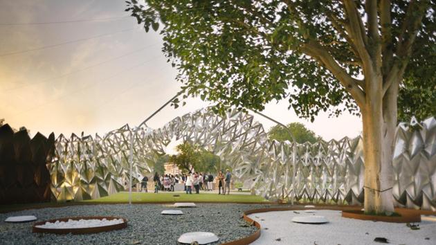 The Gujral Foundation in association with Outset India, commissioned a pleated pavilion titled The Song of the Earth and the Sky at Sunder Nursery, New Delhi. (Sarth Khare and The Gujral Foundation)