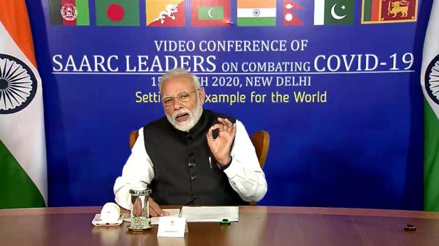 Prime Minister Narendra Modi interacts with members of SAARC countries via video conferencing over coronavirus, in New Delhi on Sunday, March 15, 2020. (ANI) Prime Minister Narendra Modi interacts with members of SAARC countries via video conferencing over coronavirus, in New Delhi on Sunday, March 15, 2020. (ANI)
