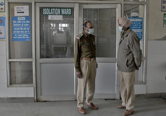 Ludhiana, India – March 15, 2020: Police outside the isolation ward at civil hospital in Ludhiana on Sunday, March 15, 2020. (Photo by Harsimar Pal Singh/Hindustan Times)