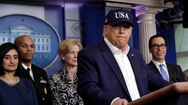 US President Donald Trump pauses during a press briefing with members of the coronavirus task force at the White House.(REUTERS)