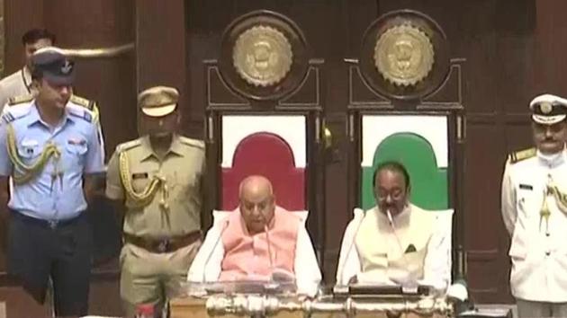 Governor Lalji Tandon (left) reading a statement on the first day of the budget session of Madhya Pradesh Assembly on Monday.(ANI Photo) Governor Lalji Tandon (left) reading a statement on the first day of the budget session of Madhya Pradesh Assembly on Monday.(ANI Photo)