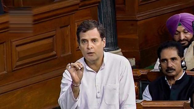 Congress MP Rahul Gandhi speaks in Lok Sabha during the ongoing budget session of Parliament, in New Delhi on Monday.(PTI Photo)