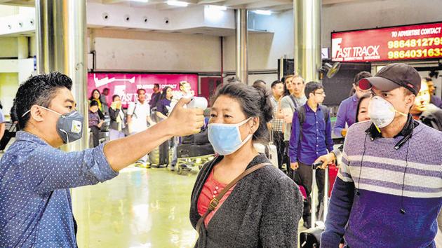 Passengers undergo a thermal screening test in the wake of coronavirus scare at Dimapur airport in Nagaland.(PTI)