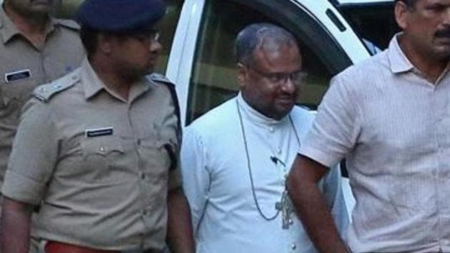 Bishop Franco Mulakkal (2nd R), accused of raping a nun, outside a crime branch office on the outskirts of Kochi , Kerala.(REUTERS File Photo)