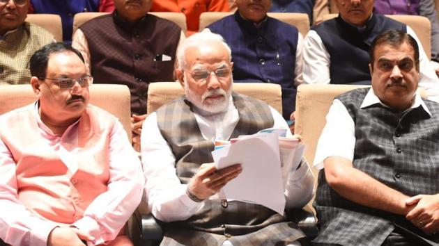 Prime Minister Narendra Modi with party MPs during BJP paliamentry party meeting at parliament library in New Delhi on Mar 17, 2020. (Photo by Mohd Zakir/HT) Prime Minister Narendra Modi with party MPs during BJP paliamentry party meeting at parliament library in New Delhi on Mar 17, 2020. (Photo by Mohd Zakir/HT)