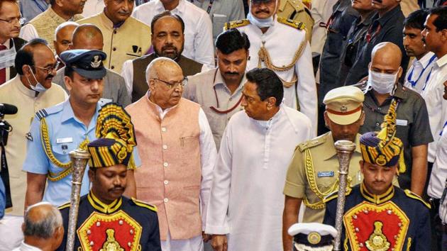 Madhya Pradesh Governor Lalji Tandon seen with Chief Minister Kamal Nath during the budget session of state assembly on March 16, 2020.(PTI)
