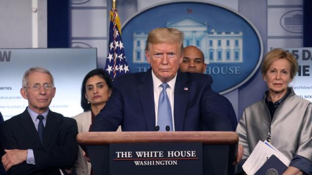 U.S. President Donald Trump holds a news briefing on the coronavirus outbreak while accompanied by members of the coronavirus (COVID-19) task force at the White House in Washington, U.S., March 16, 2020.(REUTERS)