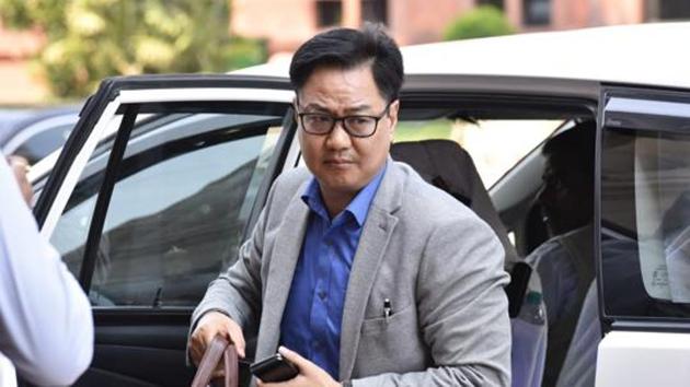 Minister of State for Youth Affairs and Sports and Minister of State of Minority Affairs Kiren Rijiju arrives to attend the Budget Session at Parliament House in New Delhi.(Sonu Mehta/HT PHOTO)