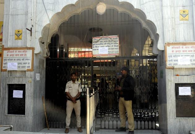 The Kali Mata Temple’s main entrance was closed following DC orders in Patiala on Wednesday. (Bharat Bhushan/HT) The Kali Mata Temple’s main entrance was closed following DC orders in Patiala on Wednesday. (Bharat Bhushan/HT)