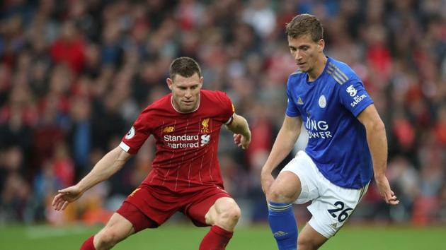 Soccer Football - Premier League - Liverpool v Leicester City - Anfield, Liverpool, Britain - October 5, 2019 Leicester City's Dennis Praet in action with Liverpool's James Miner(Action Images via Reuters)