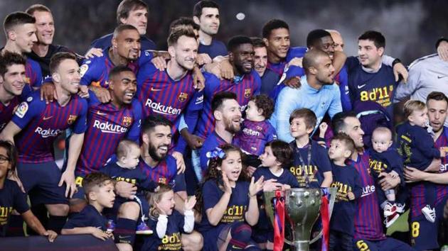 File image of Barcelona with La Liga Trophy. (AP) File image of Barcelona with La Liga Trophy. (AP)