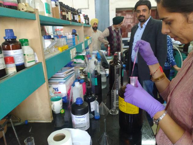 Hand sanitisers being prepared at PU’s chemistry department on Thursday.