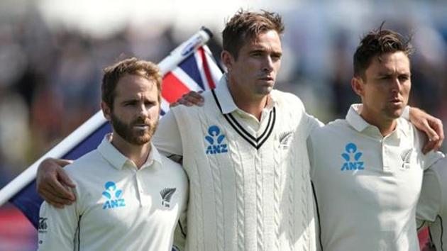 Cricket - New Zealand v India - Second Test - Hagley Oval, Christchurch, New Zealand - February 29, 2020 New Zealand's Kane Williamson, Tim Southee and Trent Boultline line up during the national anthems before the match REUTERS(REUTERS) Cricket - New Zealand v India - Second Test - Hagley Oval, Christchurch, New Zealand - February 29, 2020 New Zealand's Kane Williamson, Tim Southee and Trent Boultline line up during the national anthems before the match REUTERS(REUTERS)