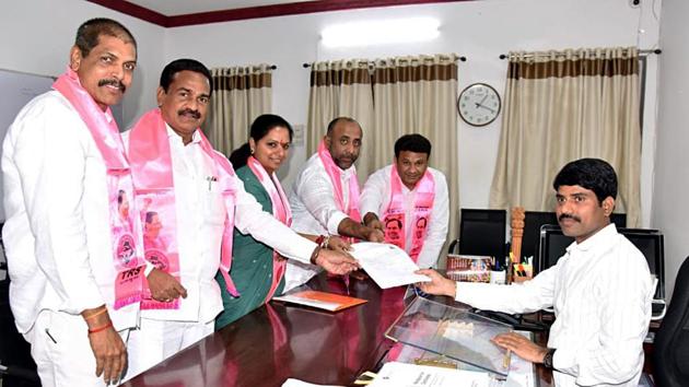 TRS leader and daughter of Telangana CM K Chandrashekhar Rao, Kalvakuntla Kavitha, files her nomination for MLC bypolls in Nizamabad on Wednesday. (ANI Photo) TRS leader and daughter of Telangana CM K Chandrashekhar Rao, Kalvakuntla Kavitha, files her nomination for MLC bypolls in Nizamabad on Wednesday. (ANI Photo)