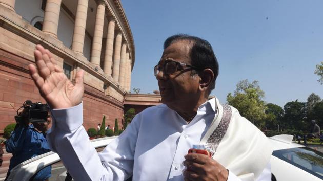 Former finance minister and Congress leader P Chidambaram at Parliament House during the ongoing Budget Session, on March 18.(Sonu Mehta/HT Photo)