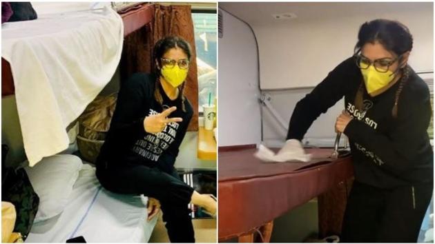 Raveena Tandon wiped down train seats with sanitisers. Raveena Tandon wiped down train seats with sanitisers.