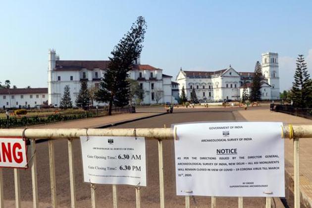 Goa, Mar 18 (ANI): A notice board put for the closure of Church of St. Augustine as a precuationary measure amid the coronavirus outbreak, in Old Goa on Wednesday. (ANI Photo)(ANI)