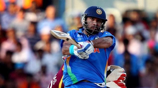 Yuvraj Singh drives a ball during the ICC Cricket World Cup 2011 match between India and West Indies at MA Chidambaram Stadium, in Chennai on Sunday, March 20, 2011.(HT Photo)