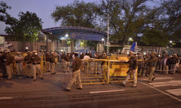 Police personnel outside Tihar jail during the execution of four men convicted of Nirbhaya rape and murder case, in New Delhi. (PTI) Police personnel outside Tihar jail during the execution of four men convicted of Nirbhaya rape and murder case, in New Delhi. (PTI)