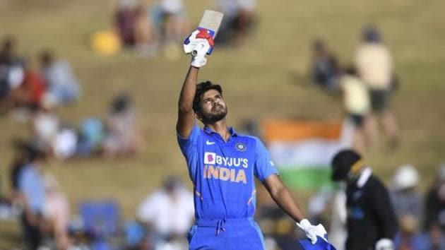 India's Shreyas Iyer celebrates his century - 100 not out during the One Day cricket international between India and New Zealand at Seddon Oval in Hamilton, New Zealand, Wednesday, Feb. 5, 2020. (Andrew Cornaga/Photosport via AP)(AP)