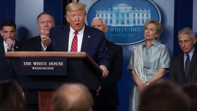U.S. President Donald Trump leads the daily coronavirus task force briefing at the White House in Washington, US. (REUTERS) U.S. President Donald Trump leads the daily coronavirus task force briefing at the White House in Washington, US. (REUTERS)