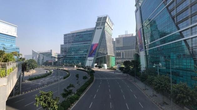A view of Cyber City during Janta Curfew in Gurugram. (Parveen Kumar/HT) A view of Cyber City during Janta Curfew in Gurugram. (Parveen Kumar/HT)