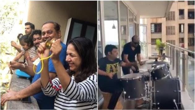 Varun Dhawan with his family, Mika Singh and Kapil Sharma in former’s balcony.