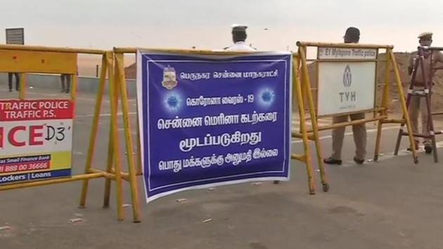 A notice put up by the Tamil Nadu Police on closure of Marina Beach due to Janta Curfew. Many public places are closed and people are expected to stay indoors today.(ANI Photo)
