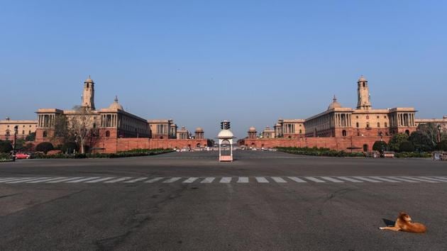 A deserted view of Rastrapati Bhavan in New Delhi, India, on Sunday, March 22, 2020. (Biplov Bhuyan / HT Photo)